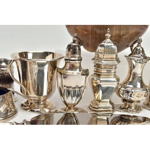 79 - A PARCEL OF ASSORTED SILVER CRUET ITEMS, ETC, including a George V silver mounted hoof ashtray, on f... 