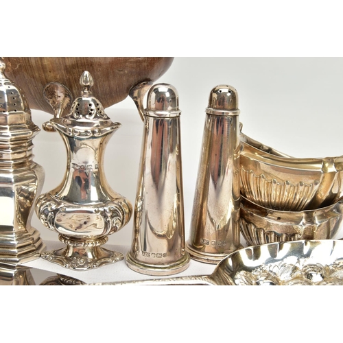 79 - A PARCEL OF ASSORTED SILVER CRUET ITEMS, ETC, including a George V silver mounted hoof ashtray, on f... 