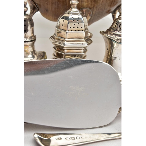 79 - A PARCEL OF ASSORTED SILVER CRUET ITEMS, ETC, including a George V silver mounted hoof ashtray, on f... 