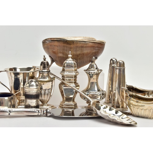 79 - A PARCEL OF ASSORTED SILVER CRUET ITEMS, ETC, including a George V silver mounted hoof ashtray, on f... 