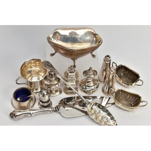 79 - A PARCEL OF ASSORTED SILVER CRUET ITEMS, ETC, including a George V silver mounted hoof ashtray, on f... 