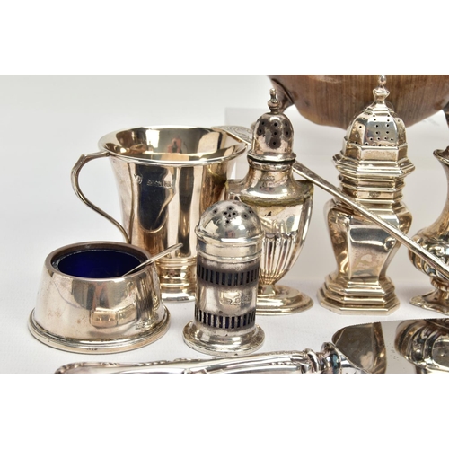 79 - A PARCEL OF ASSORTED SILVER CRUET ITEMS, ETC, including a George V silver mounted hoof ashtray, on f... 