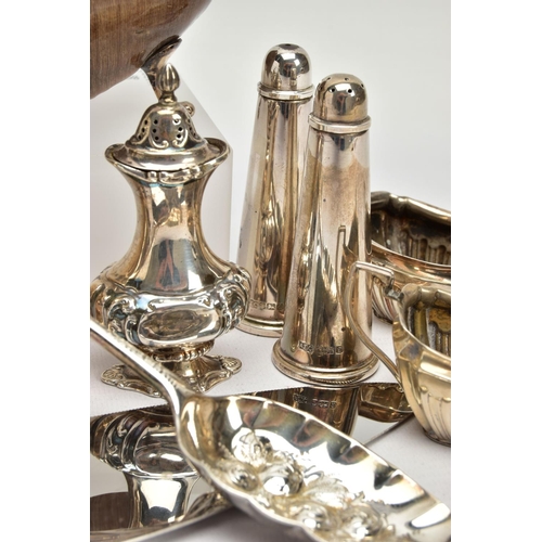 79 - A PARCEL OF ASSORTED SILVER CRUET ITEMS, ETC, including a George V silver mounted hoof ashtray, on f... 