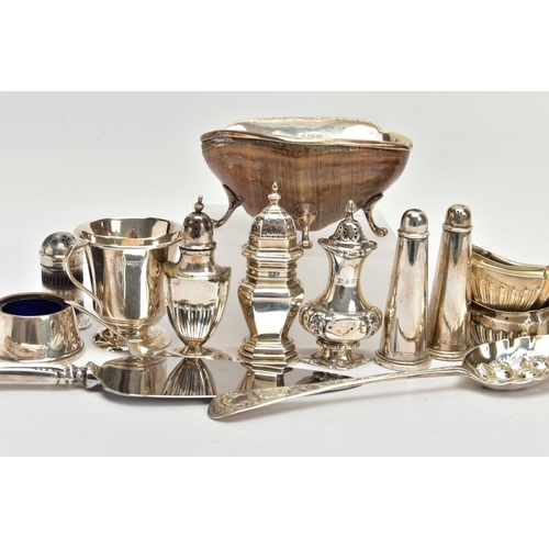 79 - A PARCEL OF ASSORTED SILVER CRUET ITEMS, ETC, including a George V silver mounted hoof ashtray, on f... 