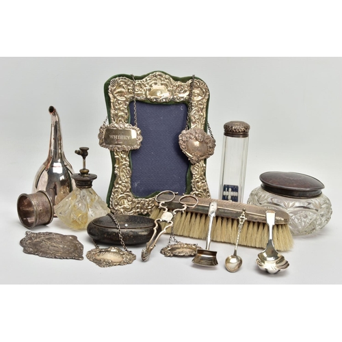 80 - A PARCEL OF ASSORTED DRESSING TABLE SILVER, DECANTER LABELS, OLD SHEFFIELD PLATE WINE FUNNEL, WHITE ... 