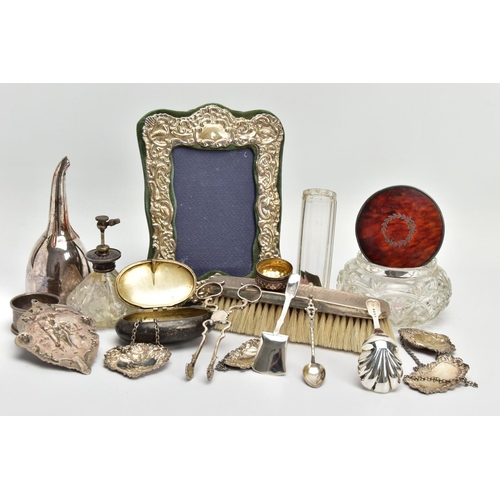 80 - A PARCEL OF ASSORTED DRESSING TABLE SILVER, DECANTER LABELS, OLD SHEFFIELD PLATE WINE FUNNEL, WHITE ... 