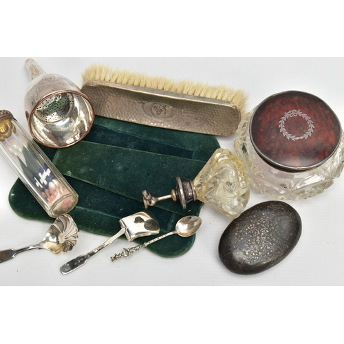 80 - A PARCEL OF ASSORTED DRESSING TABLE SILVER, DECANTER LABELS, OLD SHEFFIELD PLATE WINE FUNNEL, WHITE ... 