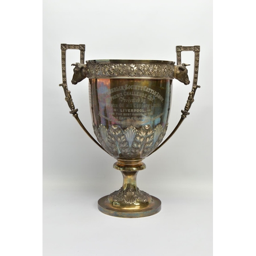 81 - A VICTORIAN ELKINGTON & CO SILVER (WORN SILVER GILT) TWIN HANDLED TROPHY CUP,  the rim repousse deco... 