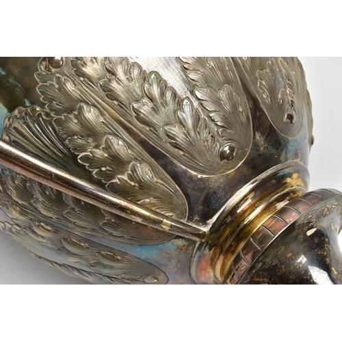 81 - A VICTORIAN ELKINGTON & CO SILVER (WORN SILVER GILT) TWIN HANDLED TROPHY CUP,  the rim repousse deco... 