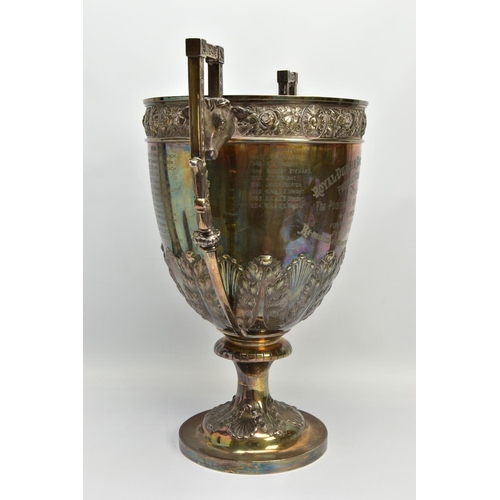 81 - A VICTORIAN ELKINGTON & CO SILVER (WORN SILVER GILT) TWIN HANDLED TROPHY CUP,  the rim repousse deco... 