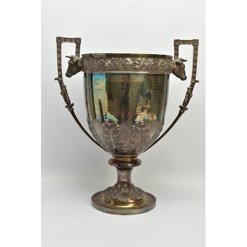 81 - A VICTORIAN ELKINGTON & CO SILVER (WORN SILVER GILT) TWIN HANDLED TROPHY CUP,  the rim repousse deco... 