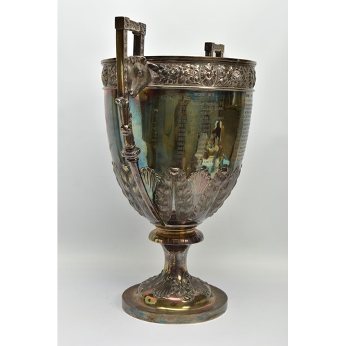 81 - A VICTORIAN ELKINGTON & CO SILVER (WORN SILVER GILT) TWIN HANDLED TROPHY CUP,  the rim repousse deco... 