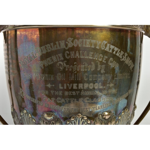 81 - A VICTORIAN ELKINGTON & CO SILVER (WORN SILVER GILT) TWIN HANDLED TROPHY CUP,  the rim repousse deco... 