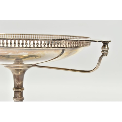 82 - A GEORGE V SILVER TWIN HANDLED COMPORT, with balustrade pierced gallery with flattened lugs over ang... 