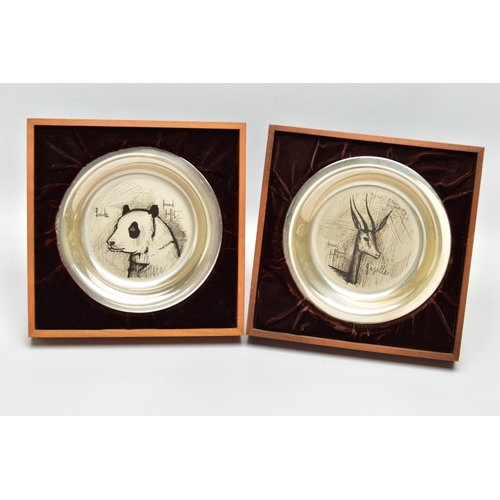 85 - TWO ELIZABETH II STERLING SILVER BERNARD BUFFET PLATES MOUNTED IN EASEL BACK FRAMES, etched with a d... 