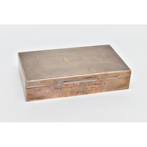 88 - AN ELIZABETH II SILVER CIGARETTE BOX OF RECTANGULAR FORM, engine turned and vacant cartouche, engrav... 