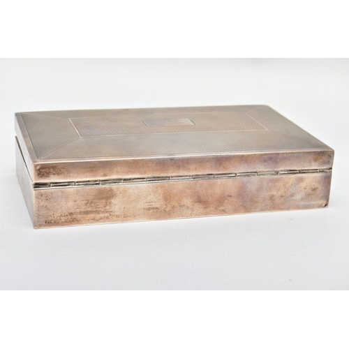 88 - AN ELIZABETH II SILVER CIGARETTE BOX OF RECTANGULAR FORM, engine turned and vacant cartouche, engrav... 