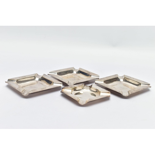 90 - FOUR ELIZABETH II SILVER ASHTRAYS, three plain polished square ashtrays with rounded corners, engrav... 