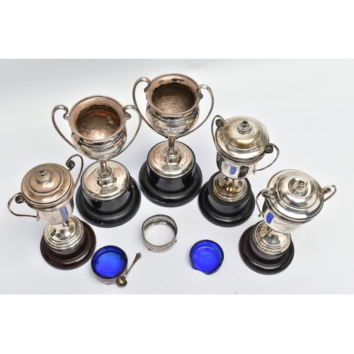 92 - AN ASSORTMENT OF GEORGE V SILVER SPORTING TROPHIES, to include three lidded 'Marmion Tennis Club' do... 