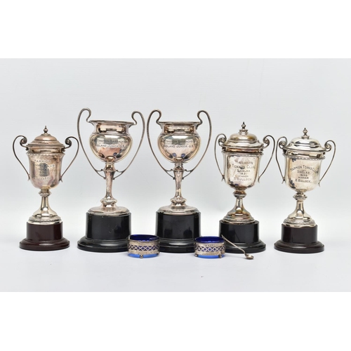 92 - AN ASSORTMENT OF GEORGE V SILVER SPORTING TROPHIES, to include three lidded 'Marmion Tennis Club' do... 