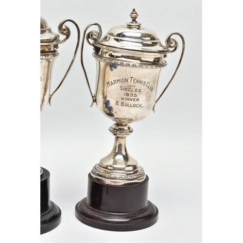 92 - AN ASSORTMENT OF GEORGE V SILVER SPORTING TROPHIES, to include three lidded 'Marmion Tennis Club' do... 