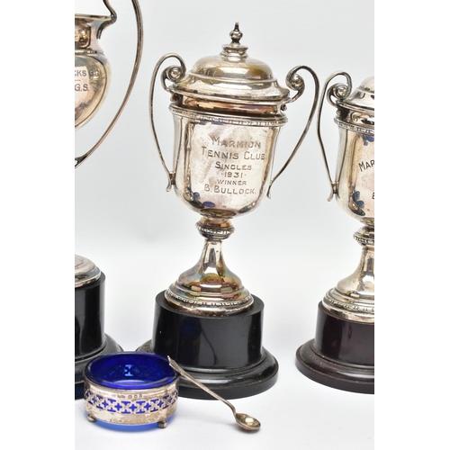 92 - AN ASSORTMENT OF GEORGE V SILVER SPORTING TROPHIES, to include three lidded 'Marmion Tennis Club' do... 