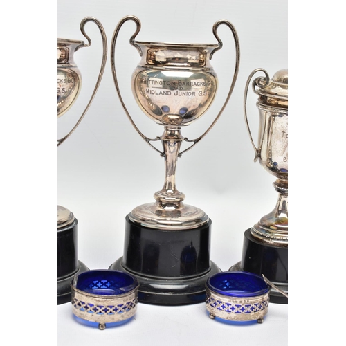 92 - AN ASSORTMENT OF GEORGE V SILVER SPORTING TROPHIES, to include three lidded 'Marmion Tennis Club' do... 