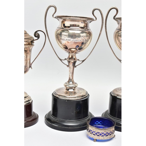 92 - AN ASSORTMENT OF GEORGE V SILVER SPORTING TROPHIES, to include three lidded 'Marmion Tennis Club' do... 