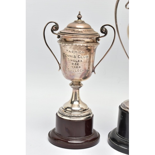 92 - AN ASSORTMENT OF GEORGE V SILVER SPORTING TROPHIES, to include three lidded 'Marmion Tennis Club' do... 