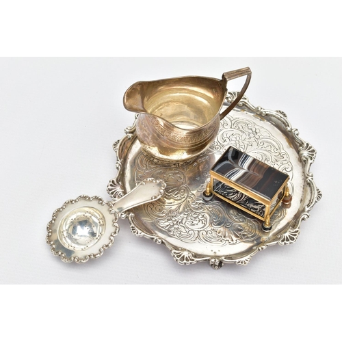 93 - A GEORGE III SILVER CREAM JUG AND A VICTORIAN WAITER, a baluster form creamer jug detailed with a br... 