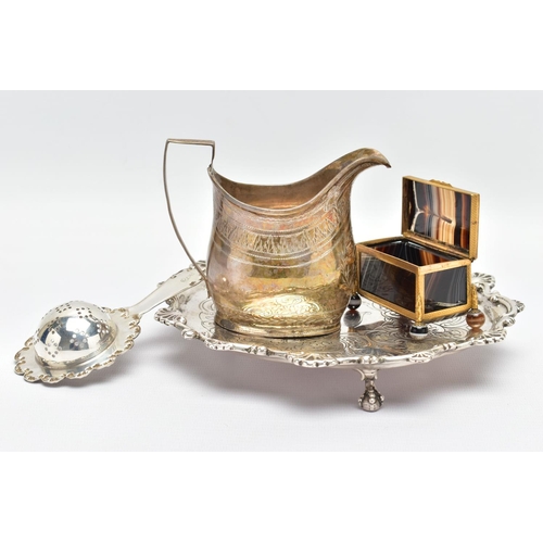 93 - A GEORGE III SILVER CREAM JUG AND A VICTORIAN WAITER, a baluster form creamer jug detailed with a br... 