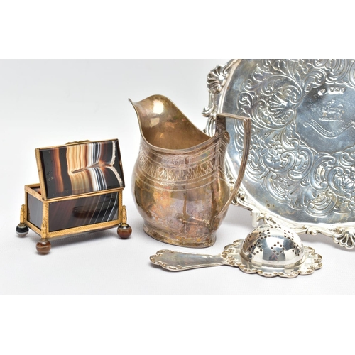 93 - A GEORGE III SILVER CREAM JUG AND A VICTORIAN WAITER, a baluster form creamer jug detailed with a br... 