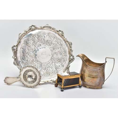 93 - A GEORGE III SILVER CREAM JUG AND A VICTORIAN WAITER, a baluster form creamer jug detailed with a br... 