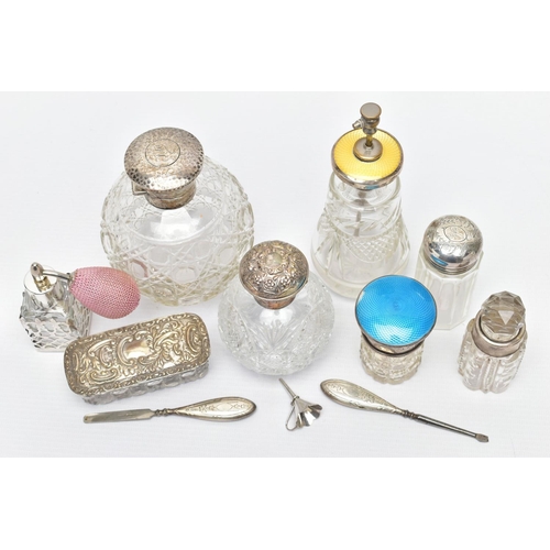 94 - A PARCEL OF SILVER MOUNTED SCENT BOTTLES, TOILET JARS, BOX AND MANICURE ACCESSORIES, including a Geo... 