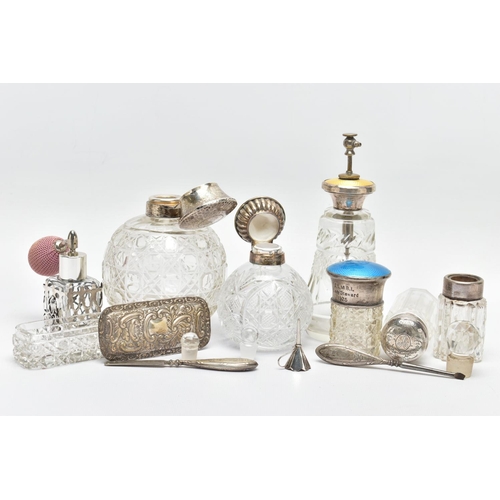 94 - A PARCEL OF SILVER MOUNTED SCENT BOTTLES, TOILET JARS, BOX AND MANICURE ACCESSORIES, including a Geo... 