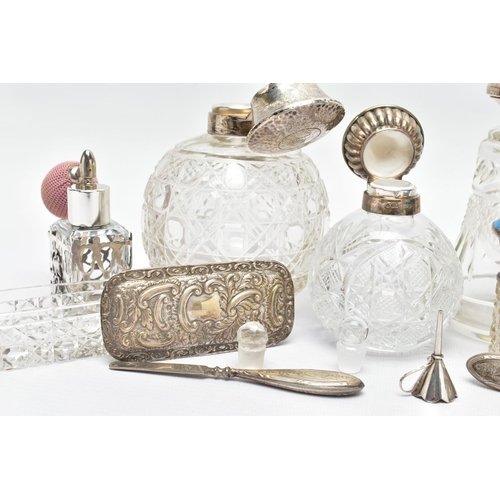 94 - A PARCEL OF SILVER MOUNTED SCENT BOTTLES, TOILET JARS, BOX AND MANICURE ACCESSORIES, including a Geo... 