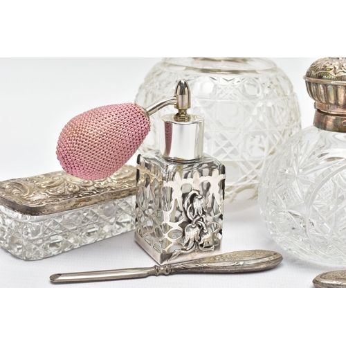 94 - A PARCEL OF SILVER MOUNTED SCENT BOTTLES, TOILET JARS, BOX AND MANICURE ACCESSORIES, including a Geo... 