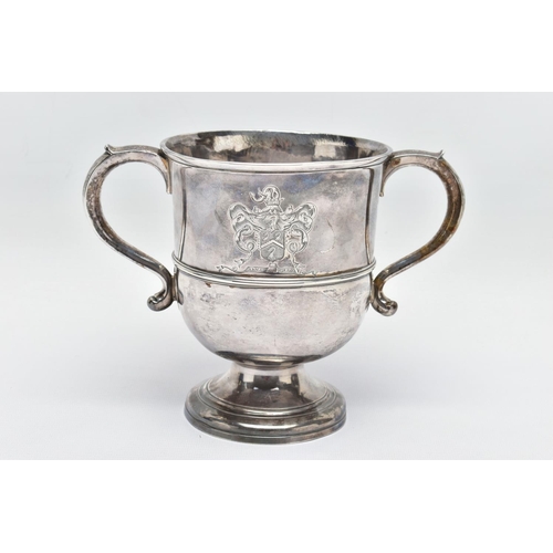 95 - A GEORGE II SILVER TWIN HANDLED CUP, with S scroll handles, the front and back engraved with differe... 