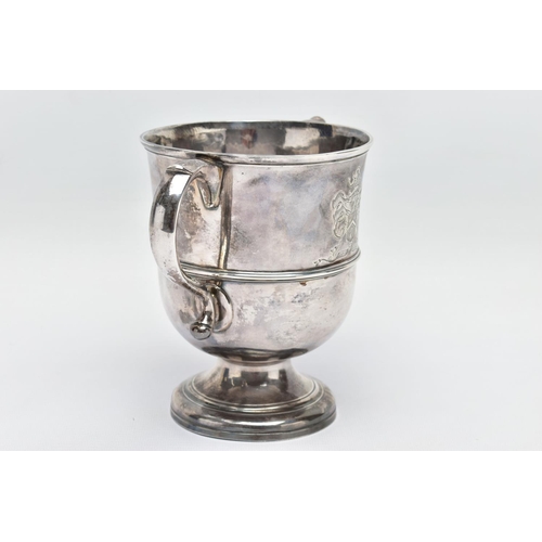 95 - A GEORGE II SILVER TWIN HANDLED CUP, with S scroll handles, the front and back engraved with differe... 