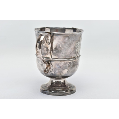 95 - A GEORGE II SILVER TWIN HANDLED CUP, with S scroll handles, the front and back engraved with differe... 