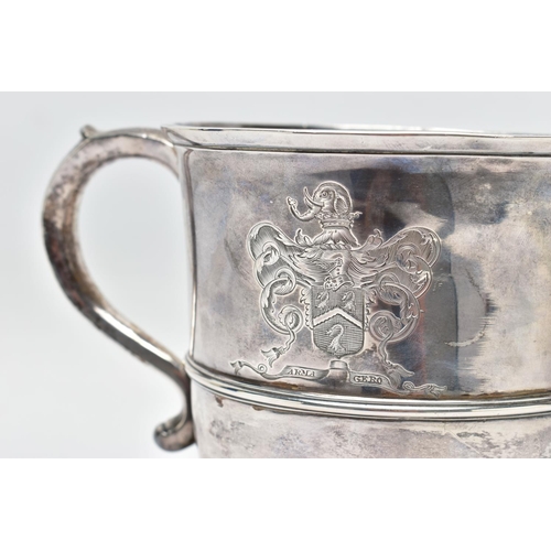 95 - A GEORGE II SILVER TWIN HANDLED CUP, with S scroll handles, the front and back engraved with differe... 