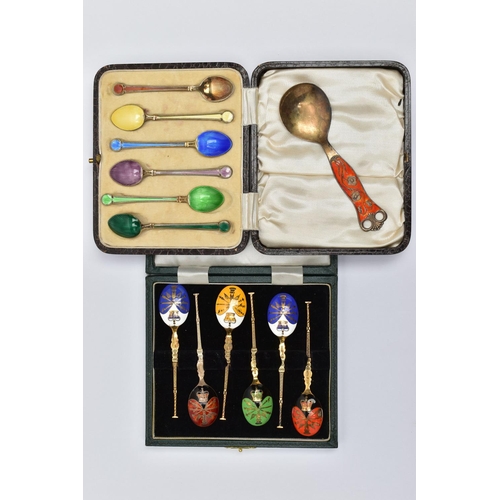 97 - A CASED SET OF SIX GEORGE V SILVER GILT AND HARLEQUIN ENAMEL COFFEE SPOONS, engine turned decoration... 