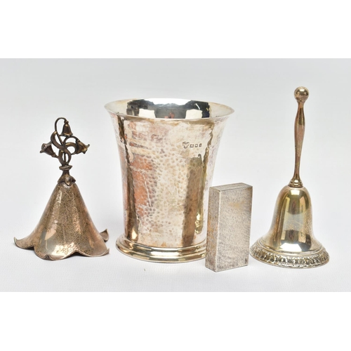 98 - FOUR PIECES OF 20TH CENTURY SILVER, comprising a George V beaker, hand hammered finish, retailed by ... 