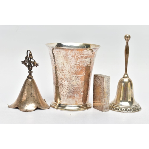 98 - FOUR PIECES OF 20TH CENTURY SILVER, comprising a George V beaker, hand hammered finish, retailed by ... 