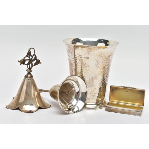 98 - FOUR PIECES OF 20TH CENTURY SILVER, comprising a George V beaker, hand hammered finish, retailed by ... 