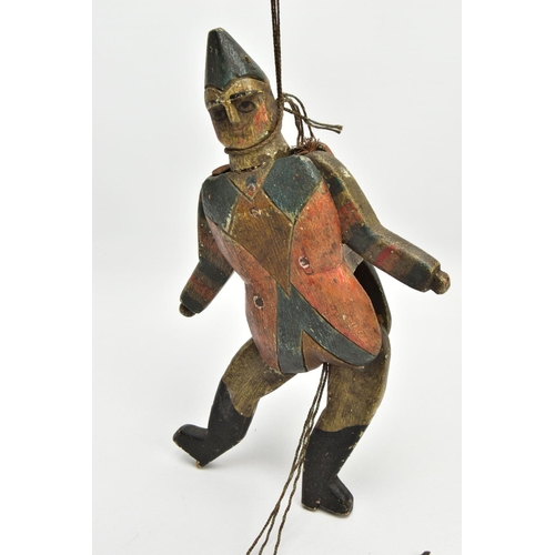 218 - FOLK ART, a 19th century polychrome painted pine Jumping Jack Harlequin toy, carved and decorated to... 