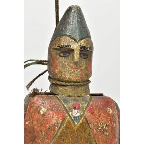 218 - FOLK ART, a 19th century polychrome painted pine Jumping Jack Harlequin toy, carved and decorated to... 