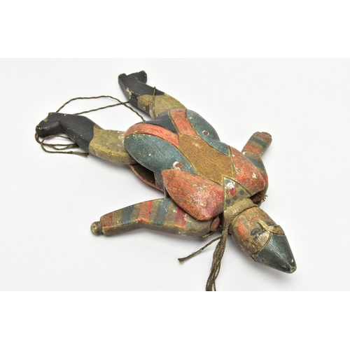 218 - FOLK ART, a 19th century polychrome painted pine Jumping Jack Harlequin toy, carved and decorated to... 