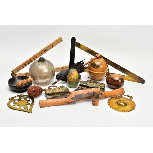 220 - A BOX OF 19TH AND 20TH CENTURY TREEN, METALWARES AND GLASS, including a wooden shaped egg with paper... 