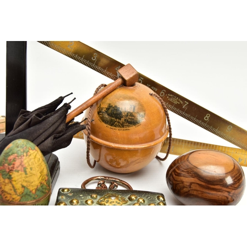 220 - A BOX OF 19TH AND 20TH CENTURY TREEN, METALWARES AND GLASS, including a wooden shaped egg with paper... 